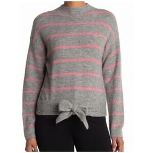 WAYF NEW $59 Mock Neck Tie-Waist Sweater in Gray Pink Stripe Large